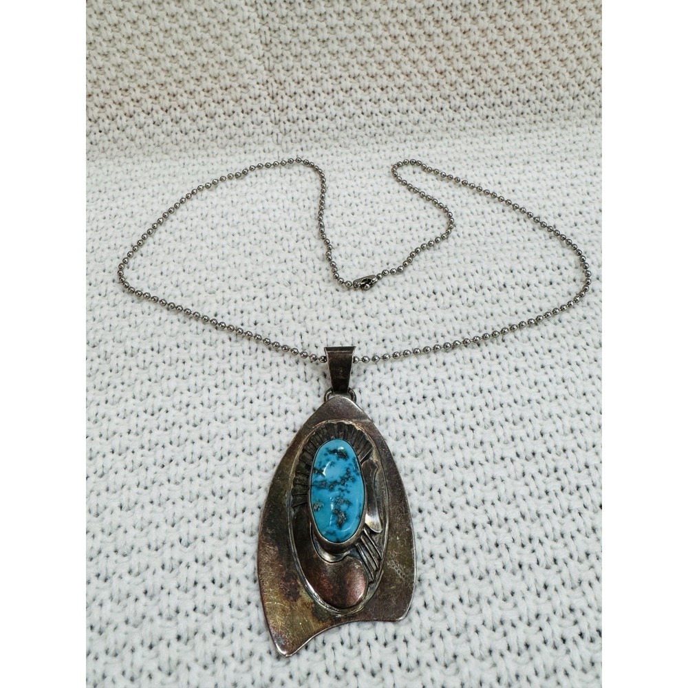 E Yazzie Navajo Sterling Silver Turquoise 3.5" Large Pendant Necklace